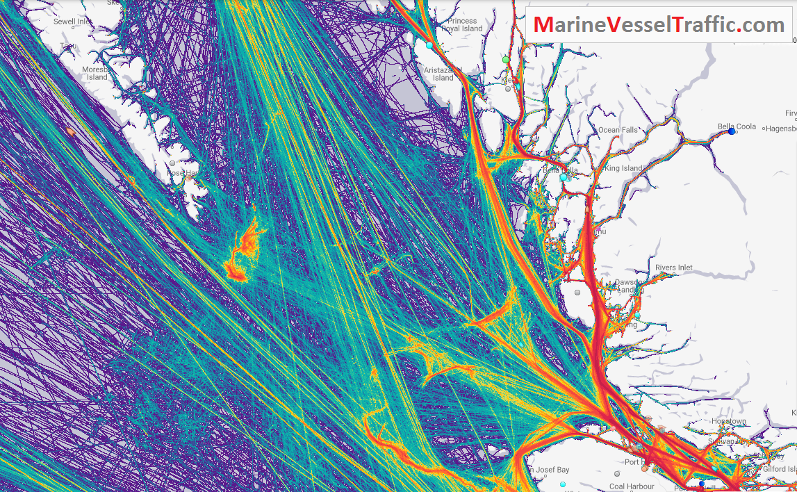 Live Marine Traffic, Density Map and Current Position of ships in QUEEN CHARLOTTE SOUND